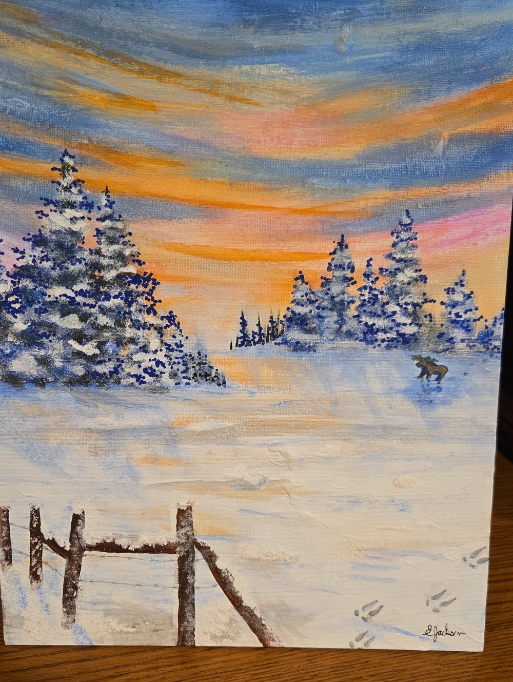 Original Art Winter Sunrise Landscape Wall Art - Blue, Orange, White